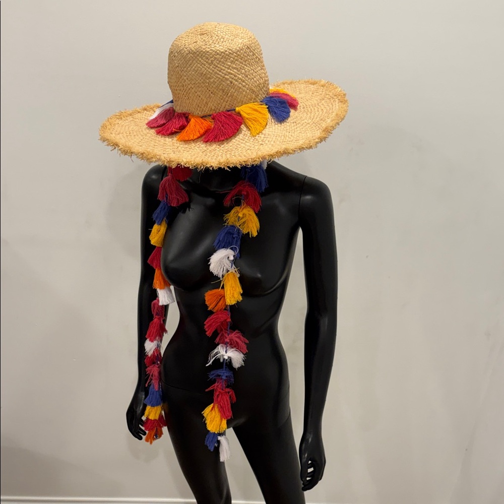 Kate Spade Raffia Wide Brim Hat Tassels Detachable One Size NEW Resort Beach